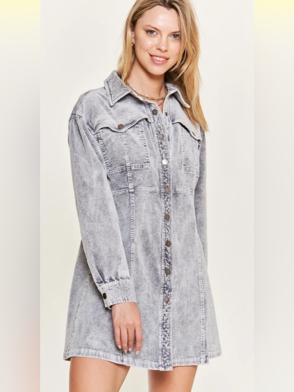 Jade By Jane Gray Mineral Washed Corduroy Denim Mini Dress Snap Button Down Sz S